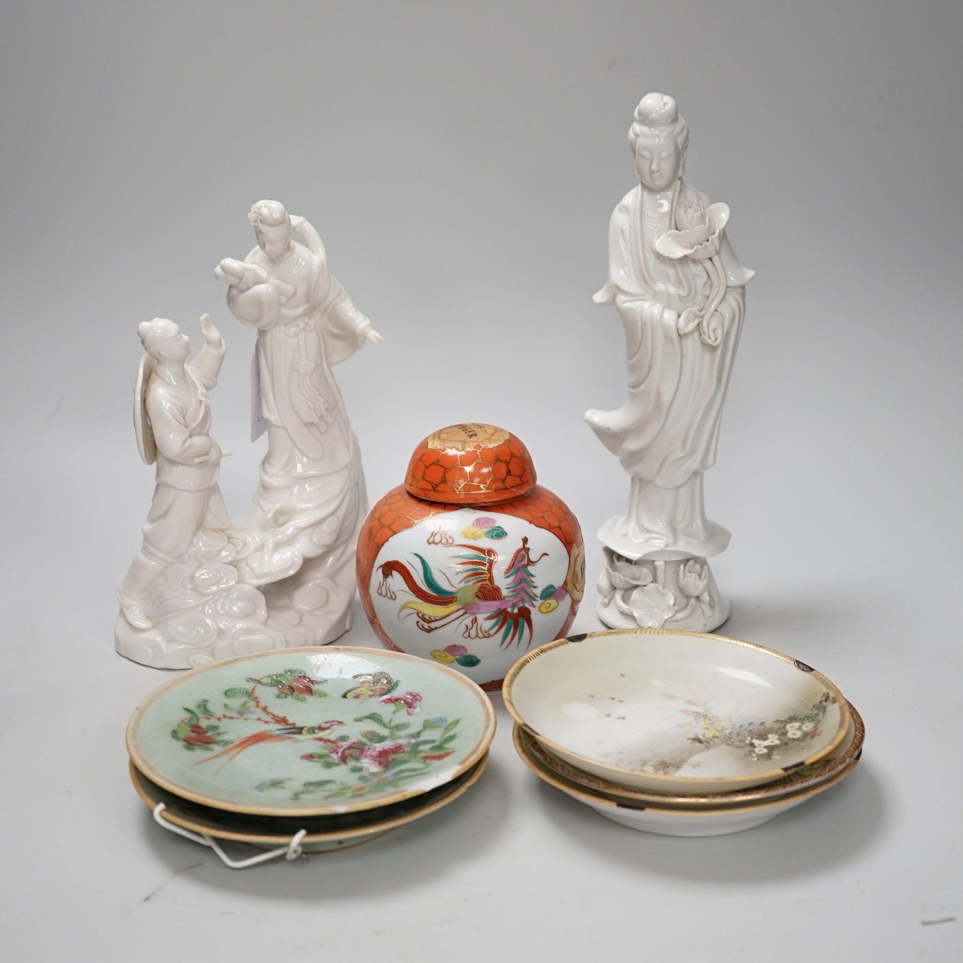 Three Chinese blanc de chine figures, two famille vert plates, a Japanese jar and three eggshell saucers